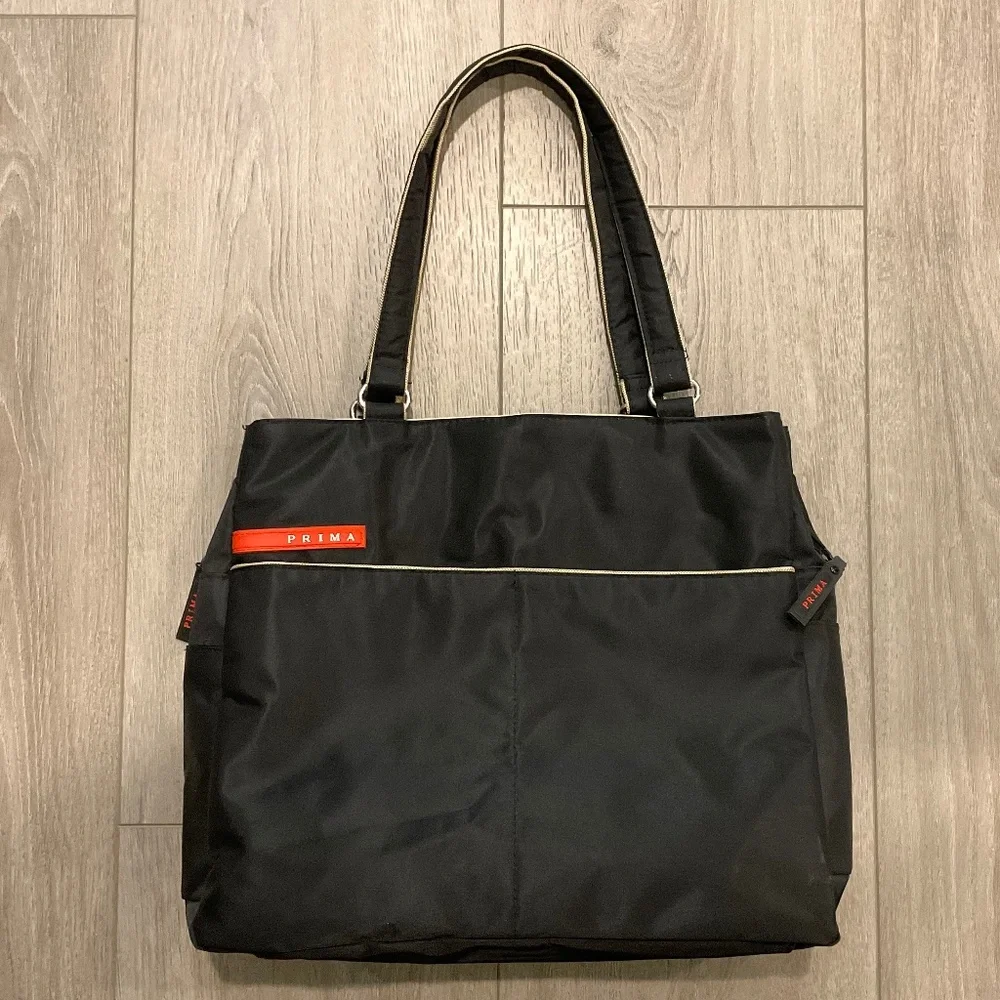 PRIMA Lightweight Nylon Multi Pocket Tote Bag Black W/ Tan